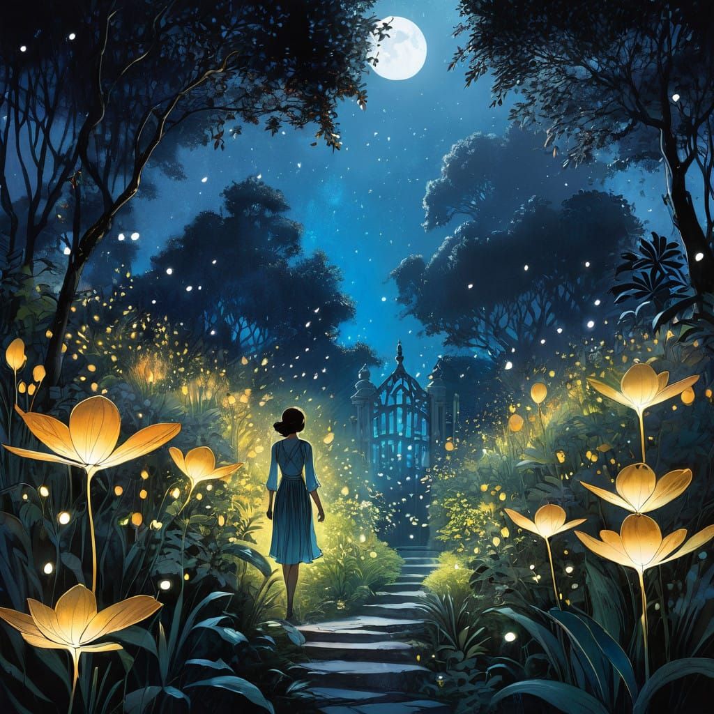 Woman in a Night Garden Illuminated by Ethereal Lights