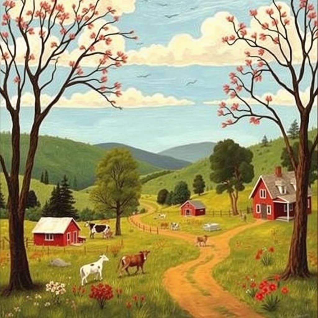 Naive Rural Landscape in Grandma Moses Style