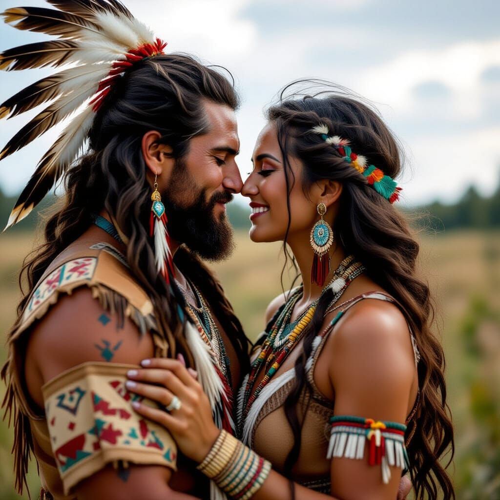 Passionate Native American Couple in Hyperrealistic Style
