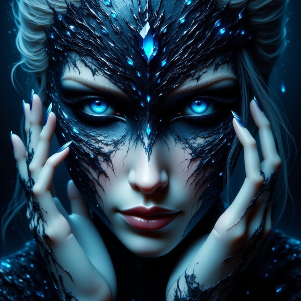Masked Woman With Blue Gems and Diabolic Smile