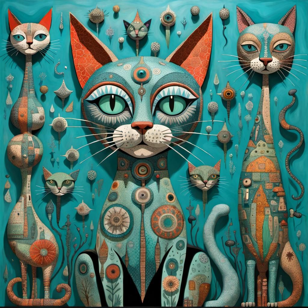 Whimsical Aqua Cat Artwork in Detailed 3D