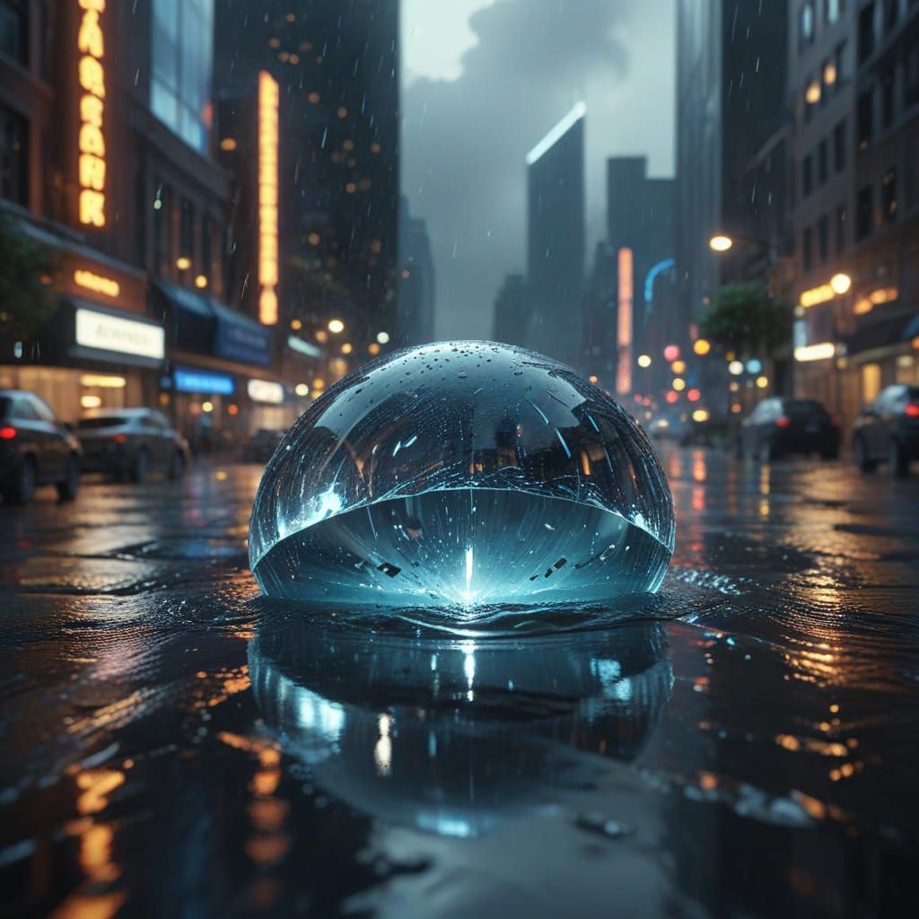Miniature City Inside Giant Raindrop, Photorealistic Style