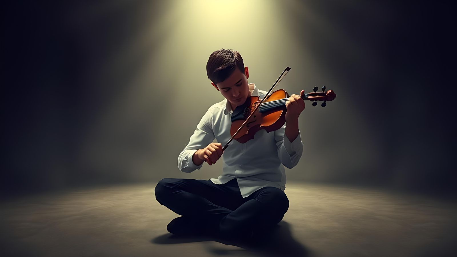 Solitary Violinist in Empty Studio, Dramatic Lighting
