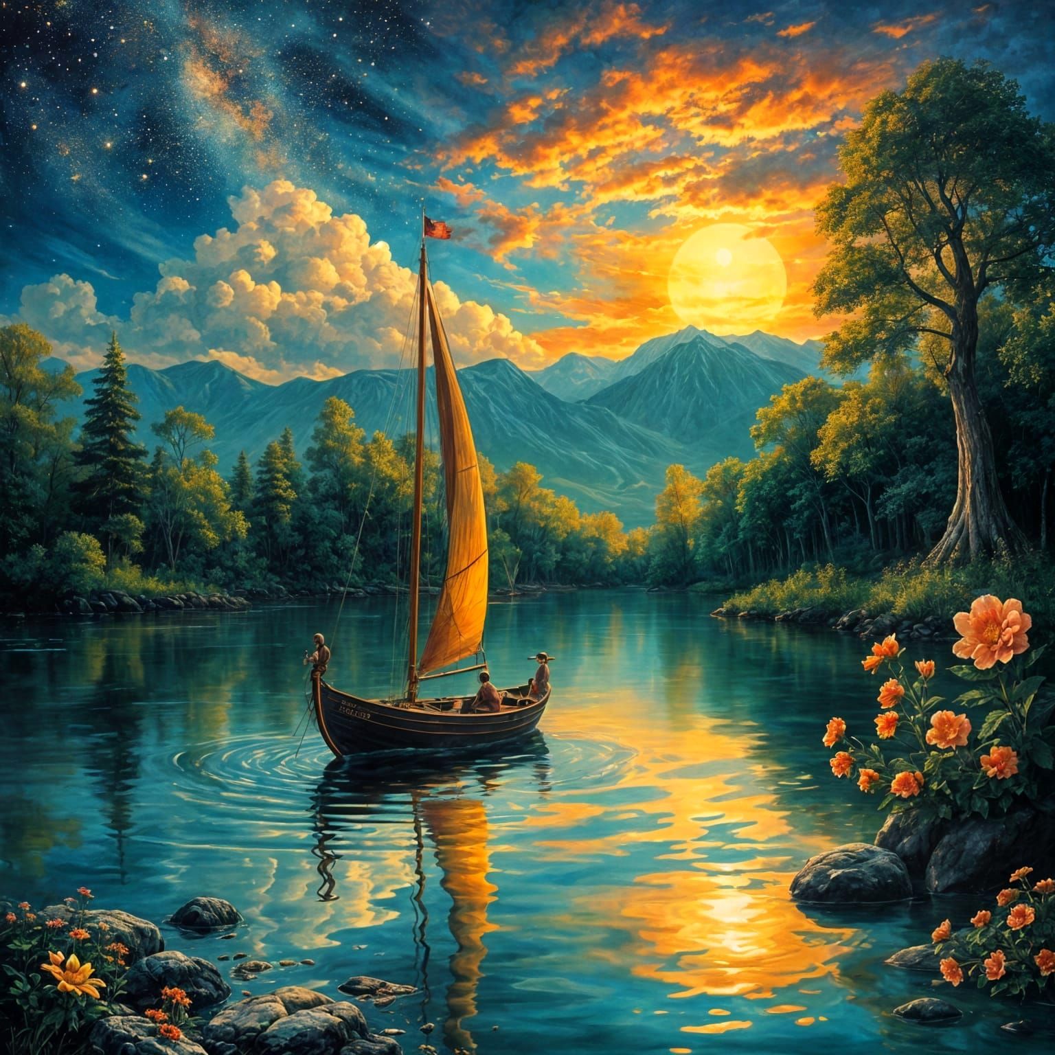 Copper and Gold Harbor Scene in Neo-Impressionism Style