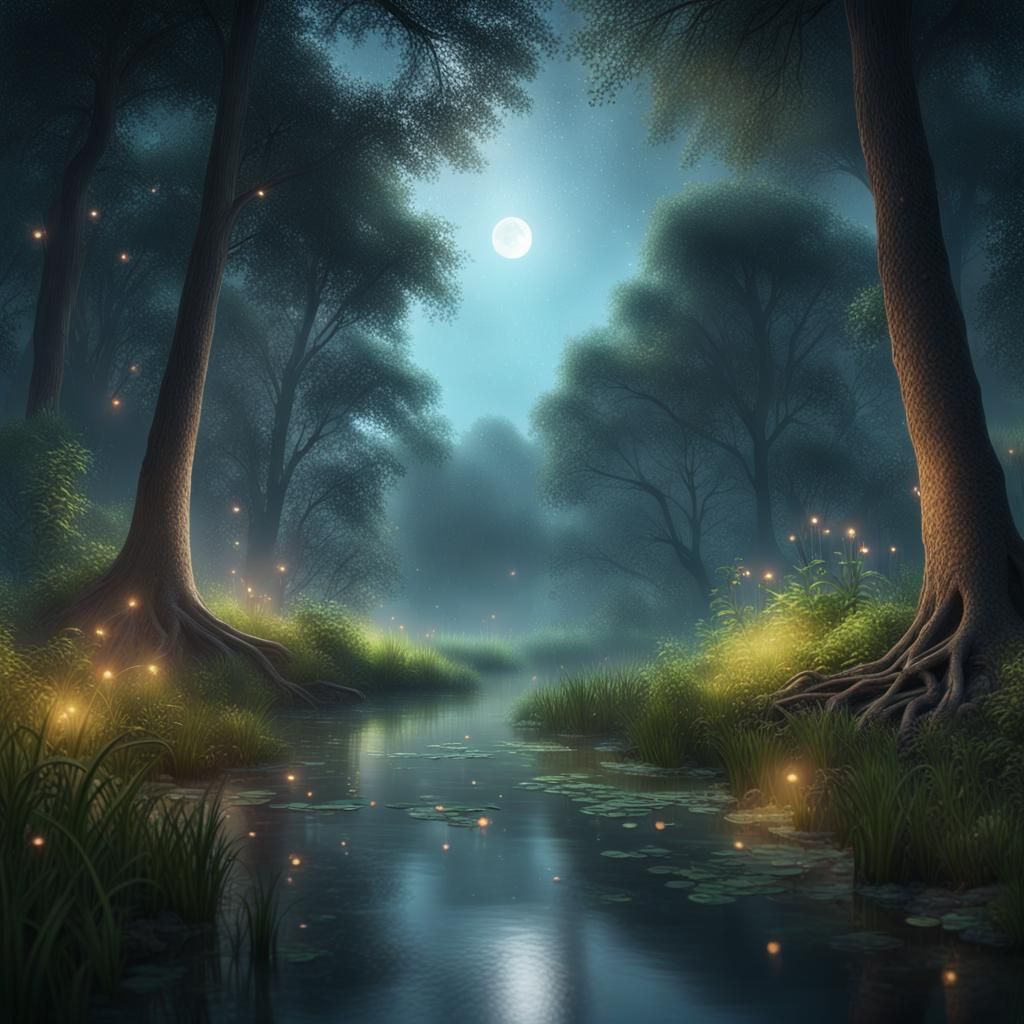 Moonlit Forest Glade with Fireflies in Ultrarealism