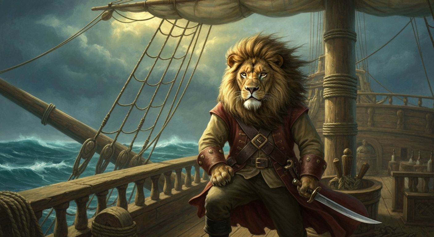 Lion Captain on Stormy Seas as Oil Painting