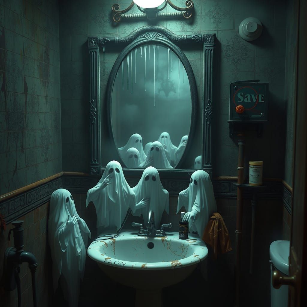Ethereal Ghosts Gather in a Haunting, Mystical Bathroom