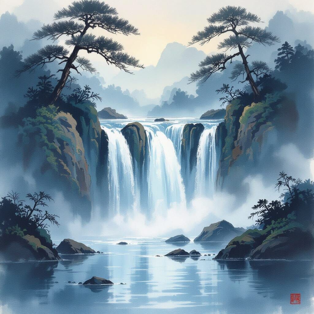 Yamato-e Waterfall Painting: Serene Japanese Ink Wash