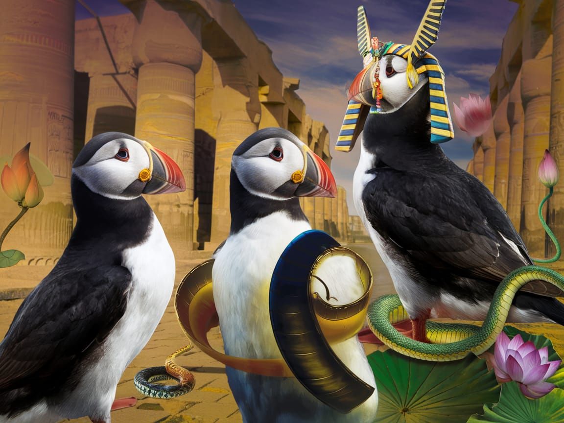 Psychedelic Puffin Egyptian God in Temple
