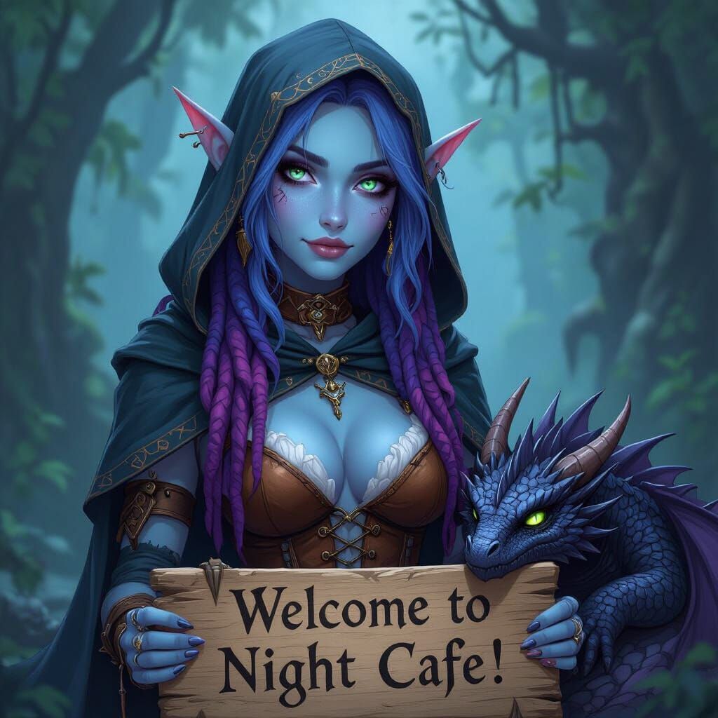 Elf Rogue with Dragon Holding Welcome Sign