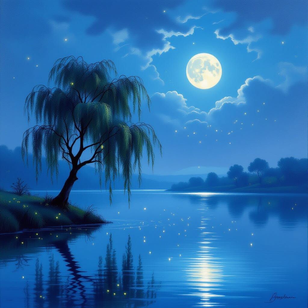 Ethereal Willow Tree Landscape with Rising Moon