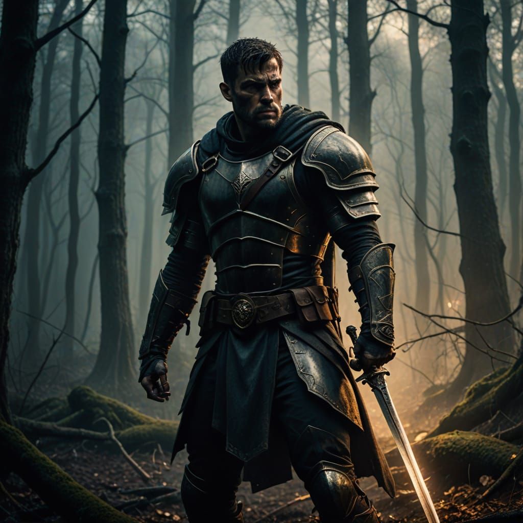 Epic Dark Fantasy Warrior in Moody Forest Landscape