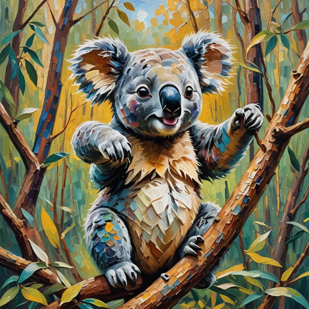 Cute Koala with Boomerang as Impasto Oil Painting