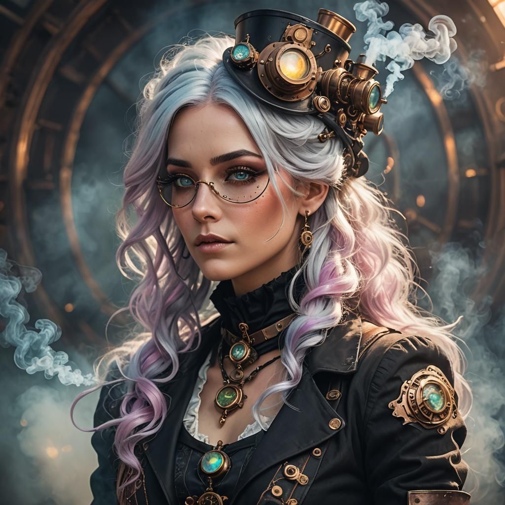 Steampunk Opal-Haired Girl Portrait in 16K