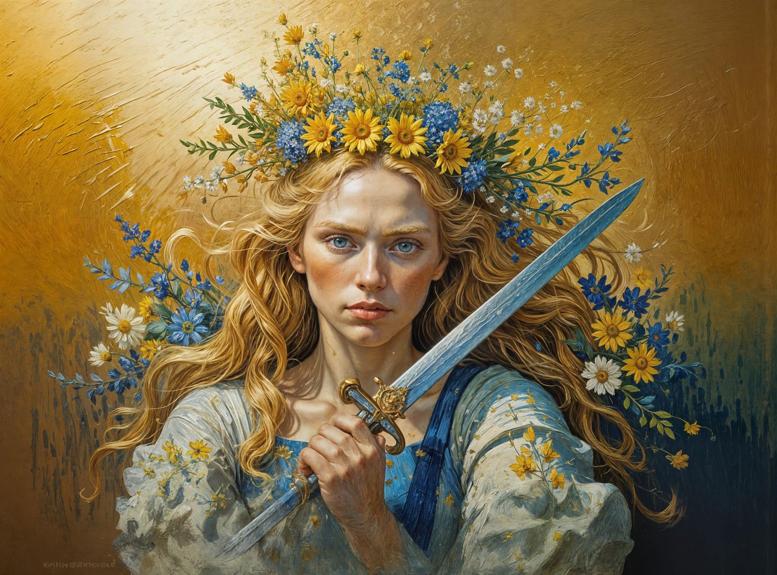 Golden Haired Woman with Sword as Impasto Painting