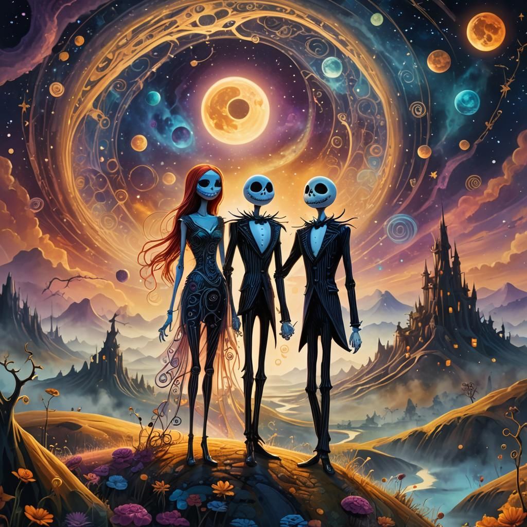 Jack and Sally in Dreamlike Cosmic Illustration
