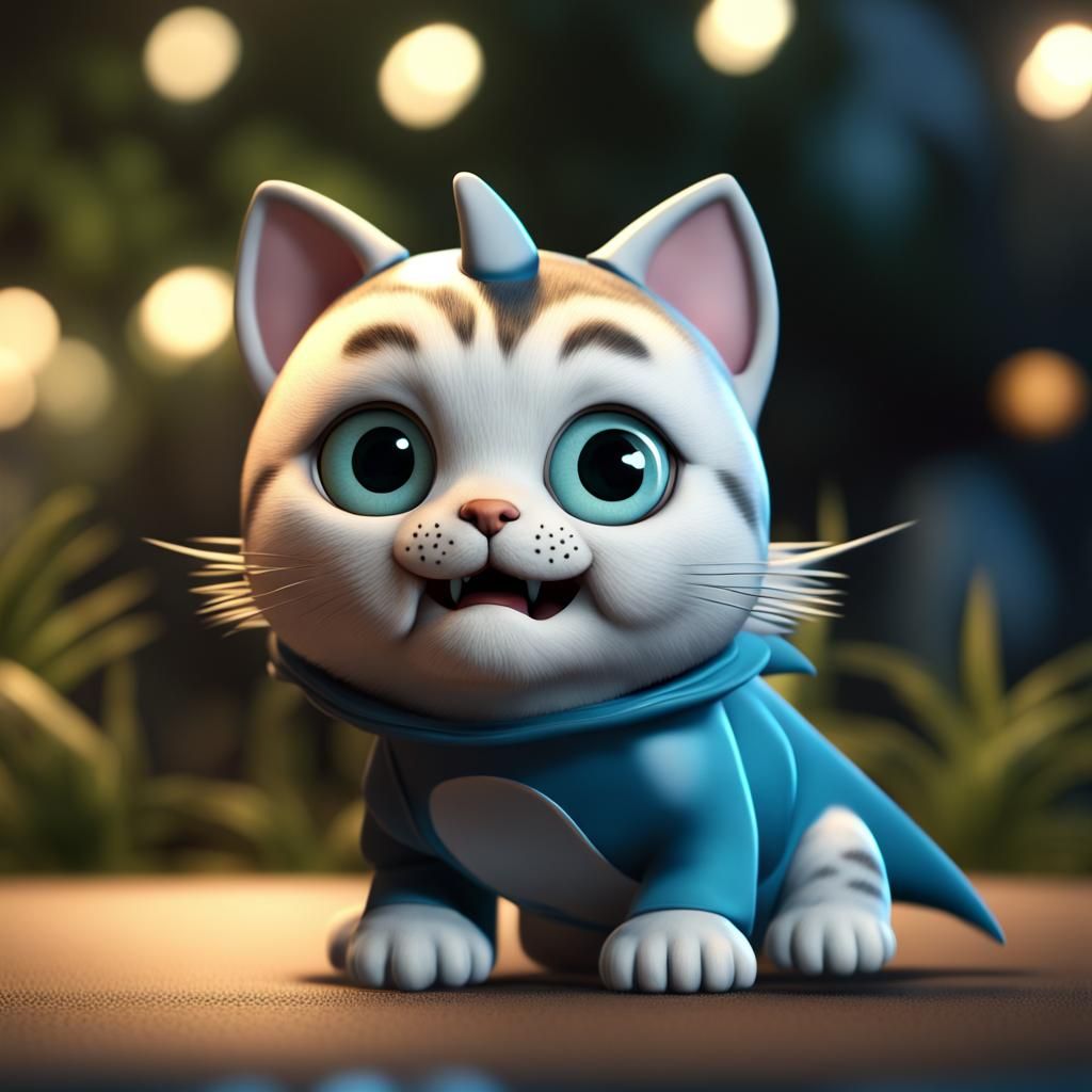 "a photo realistic 3D animation of a cute cat wearing a shark costume, gorgeous eyes; extreme detail; intricate motifs :...