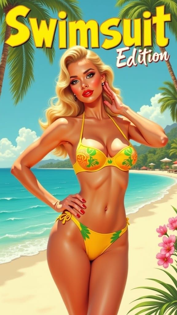 Sultry Blonde Supermodel in Tropical Beach Setting