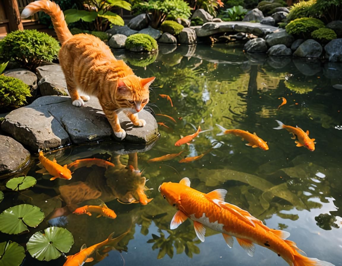 Orange Cat with Koi Fish: Japanese Garden Photography