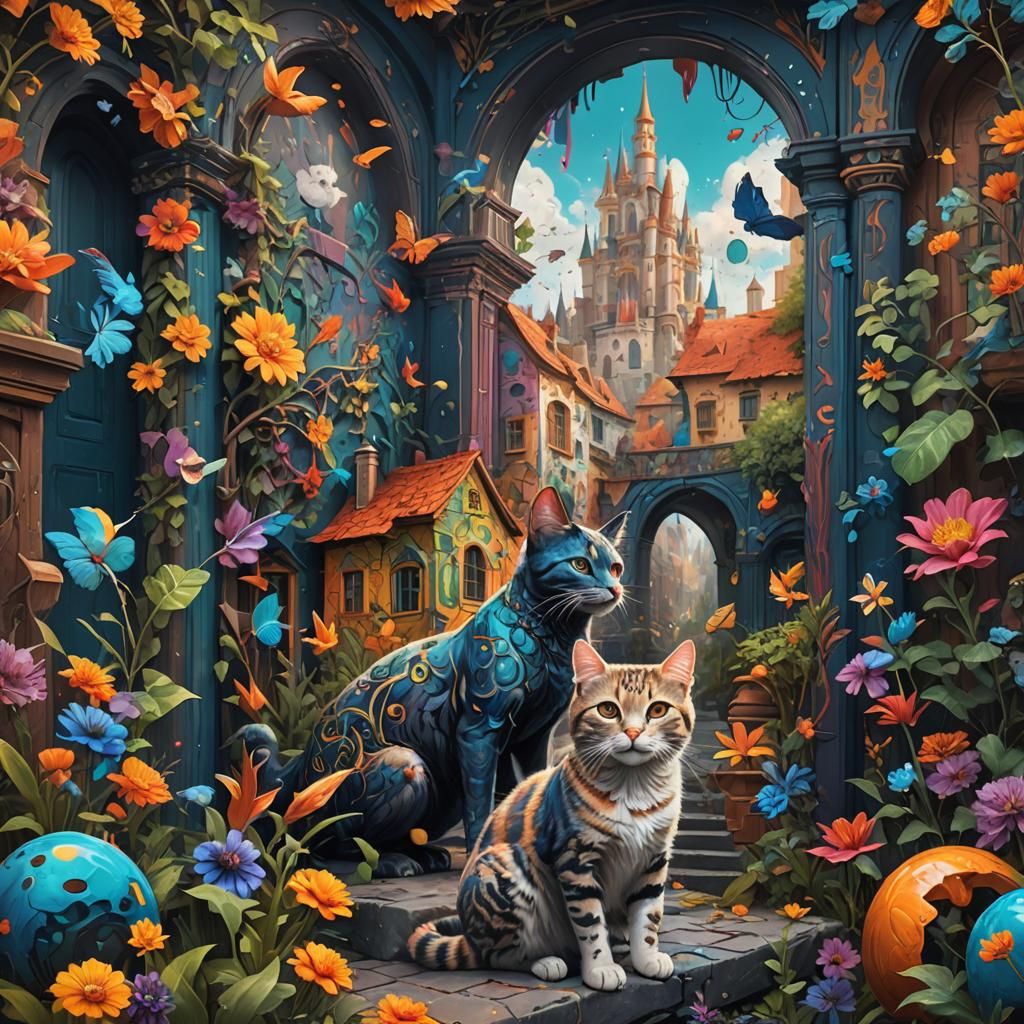 Cats Painting a Colorful Mural in Detailed Style