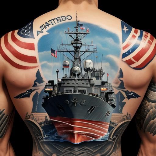 tattoo on the back of a man. tattoo of navy ship and a soldier saluting. tattoo of the American flag on each side of the...