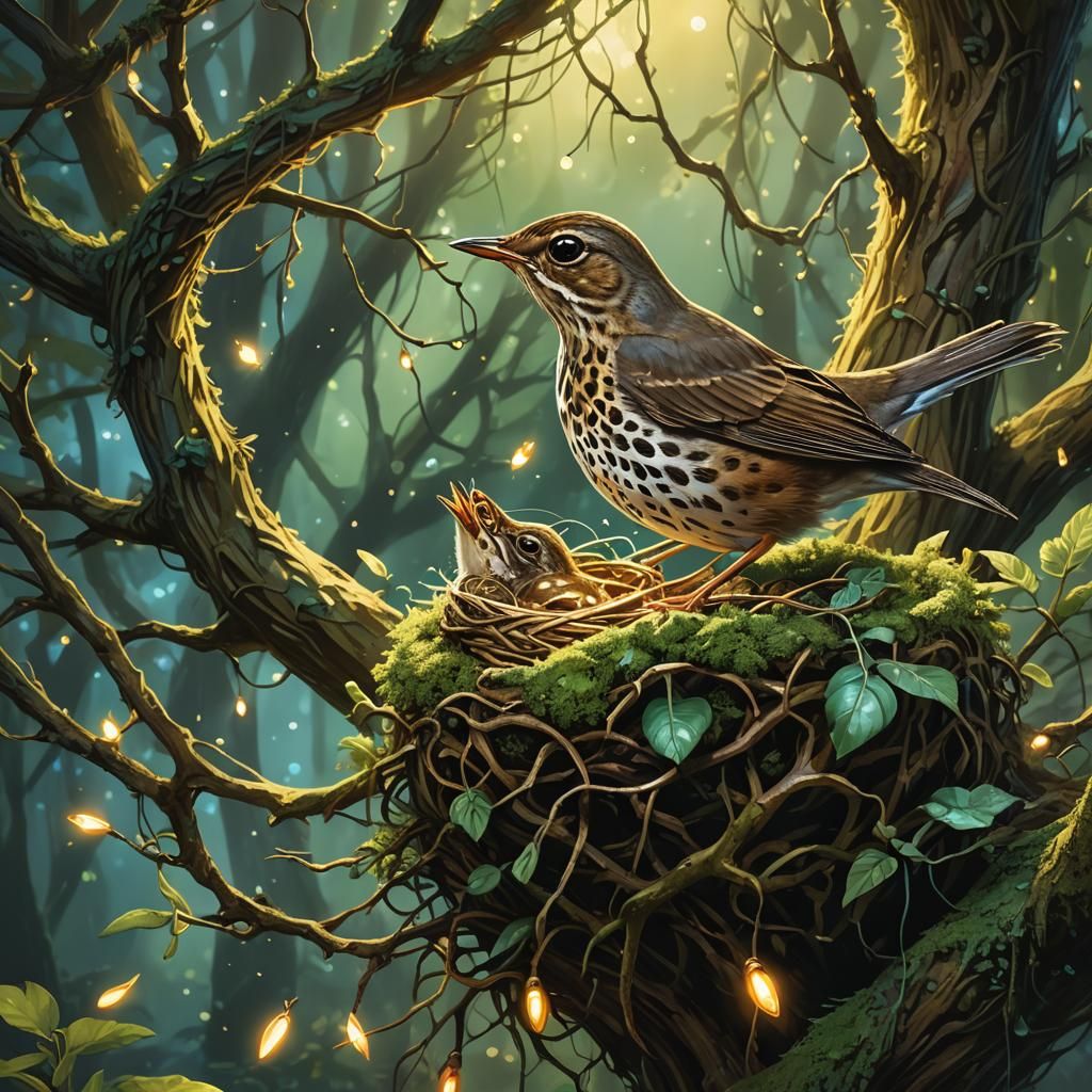 Swainson's Thrush Feeds Young: Wildlife Concept Art