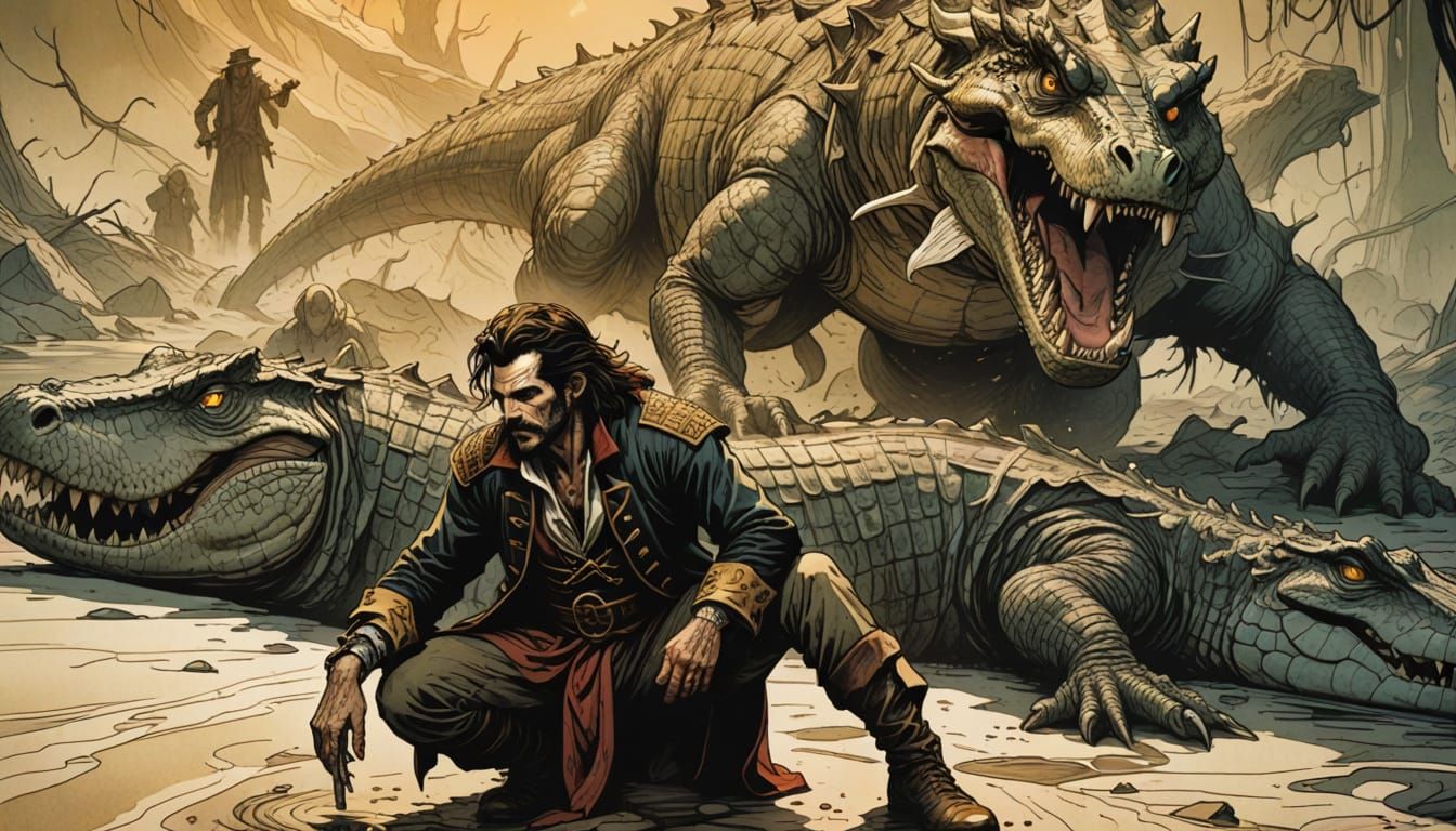 Disheveled Captain Hook in Moody, Atmospheric Scene