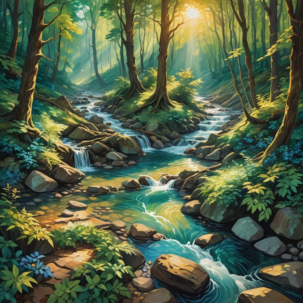 Mystical Forest Stream in Sunlight, Digital Art