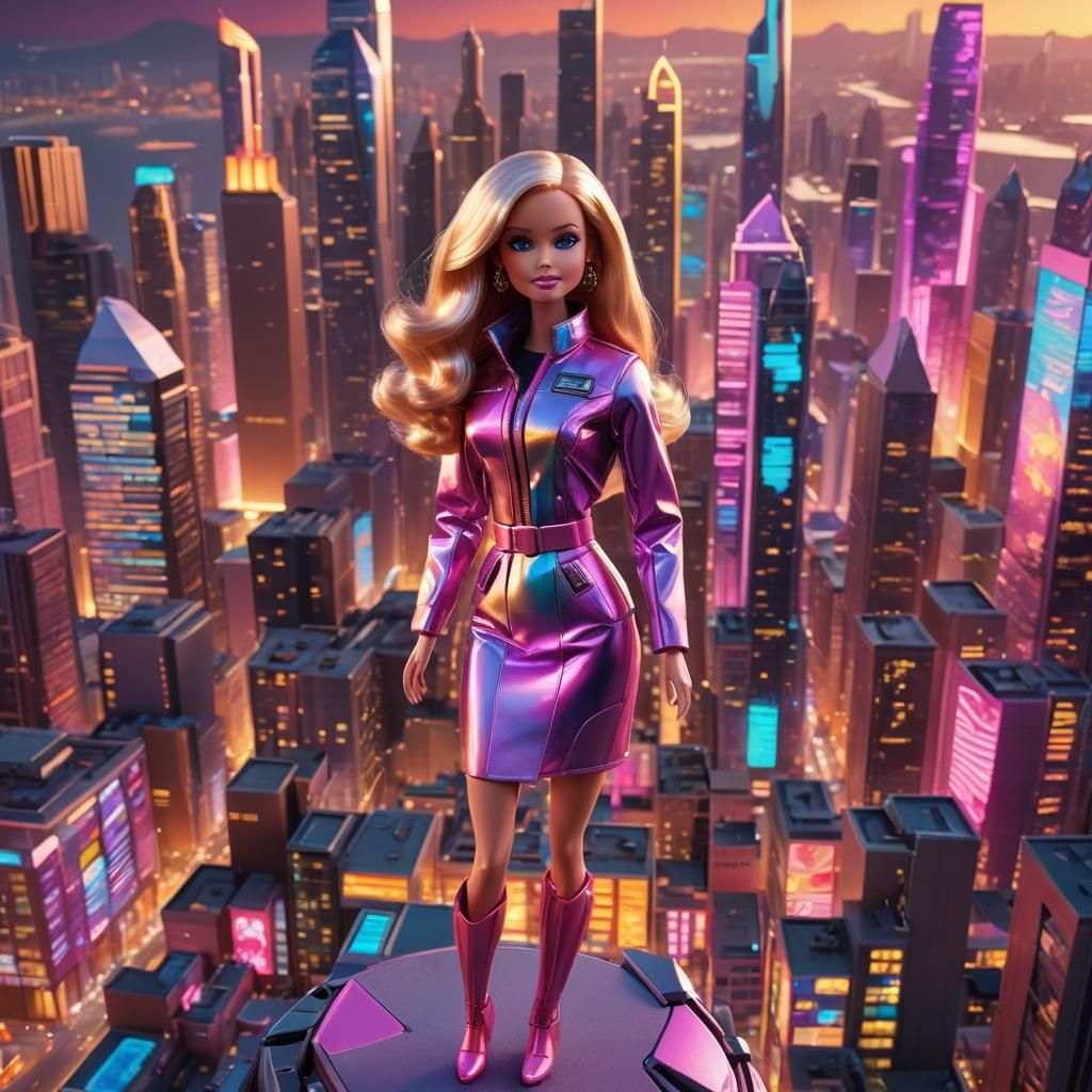 Realistic Barbie in Neon Cityscape: Pixar-Inspired 3D Art