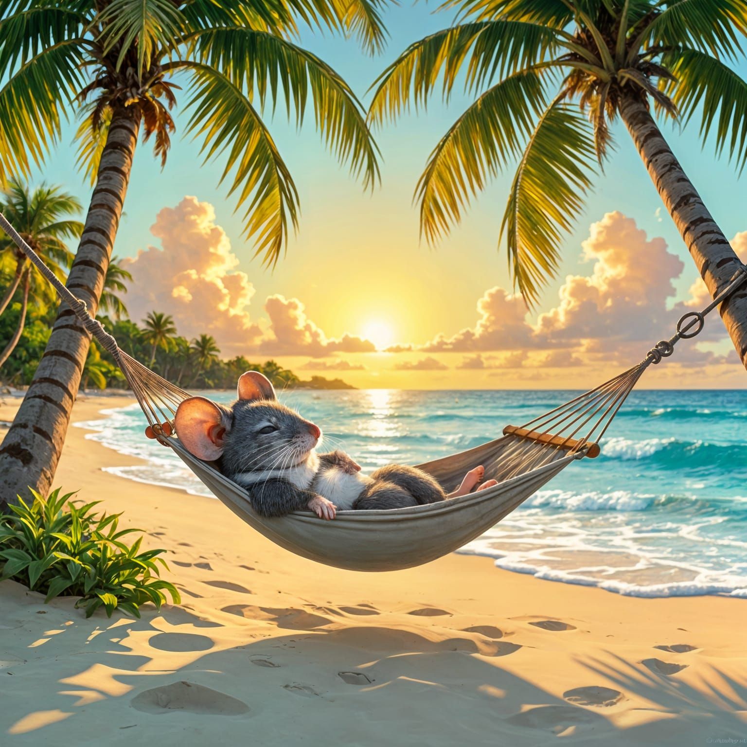 Mouse Napping in Hammock on Caribbean Beach