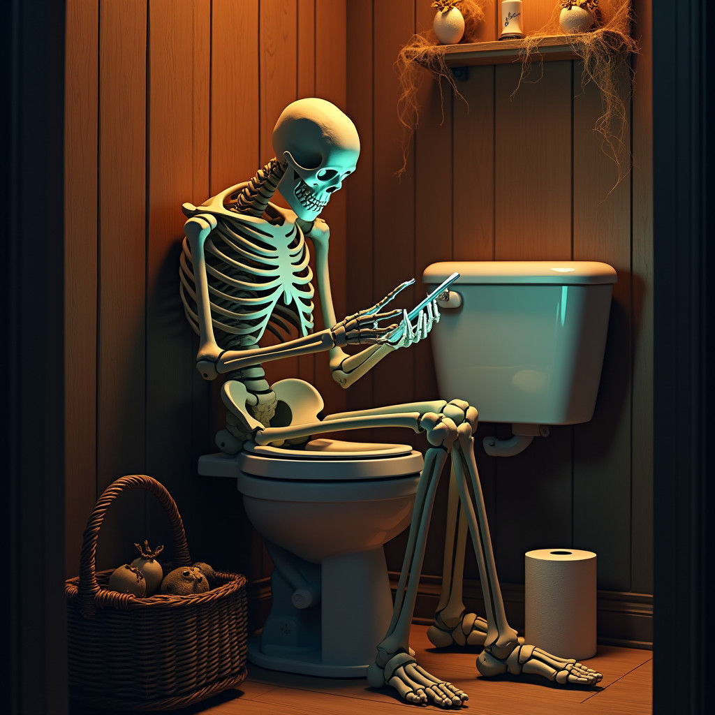 Skeleton on Toilet in Dimly Lit Bathroom