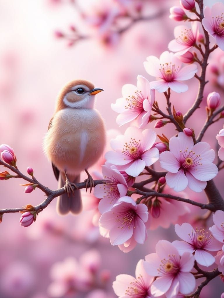 Vibrant Cherry Blossom Scene with Whimsical Chibi Birds