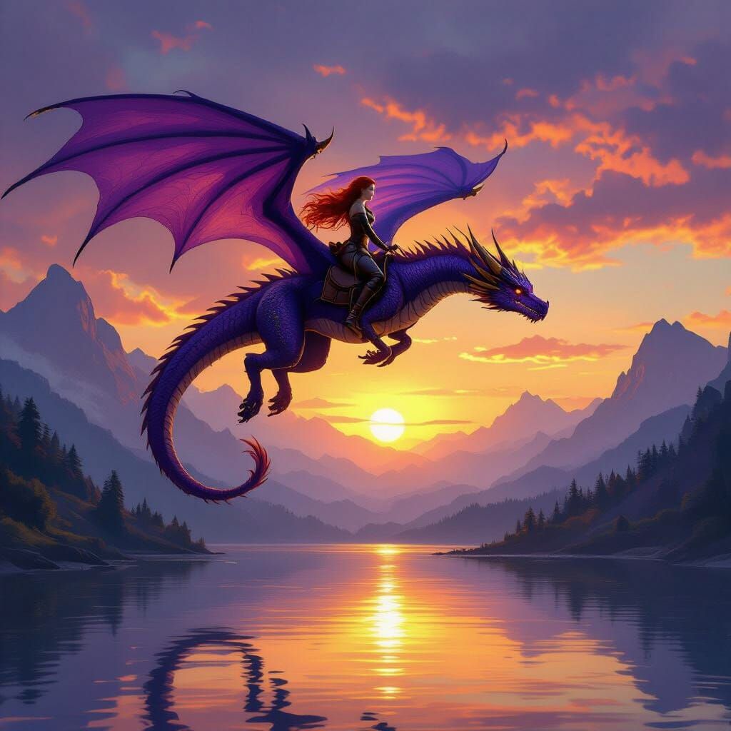 Dragon Rider Ascends Towards Misty Mountains at Sunset