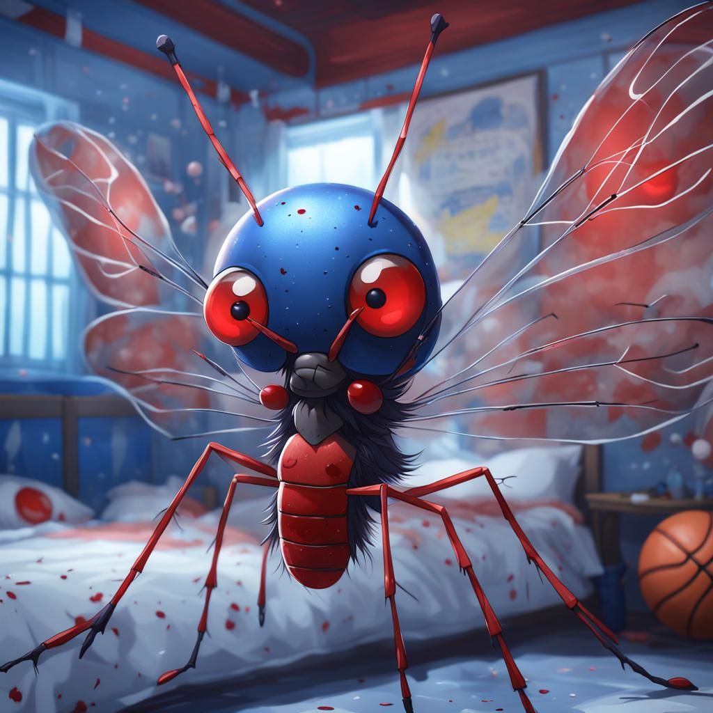 cute mosquito with transparent body filled with red blood,  blue bedroom in the background, only The word “Zzz !” writte...
