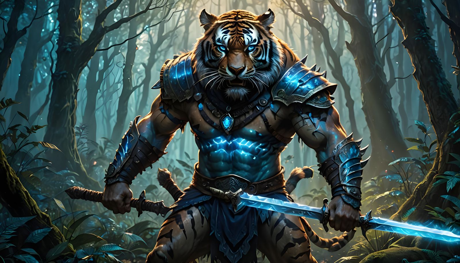 Humanoid Tiger Barbarian Warrior Radiates with Brilliant Blu...