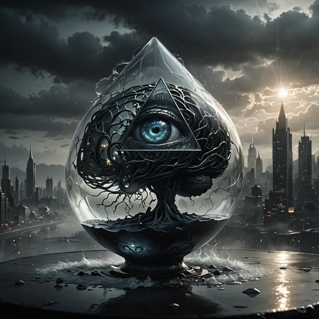 Eerie Glass Brain in Misty Cyberpunk Cityscape