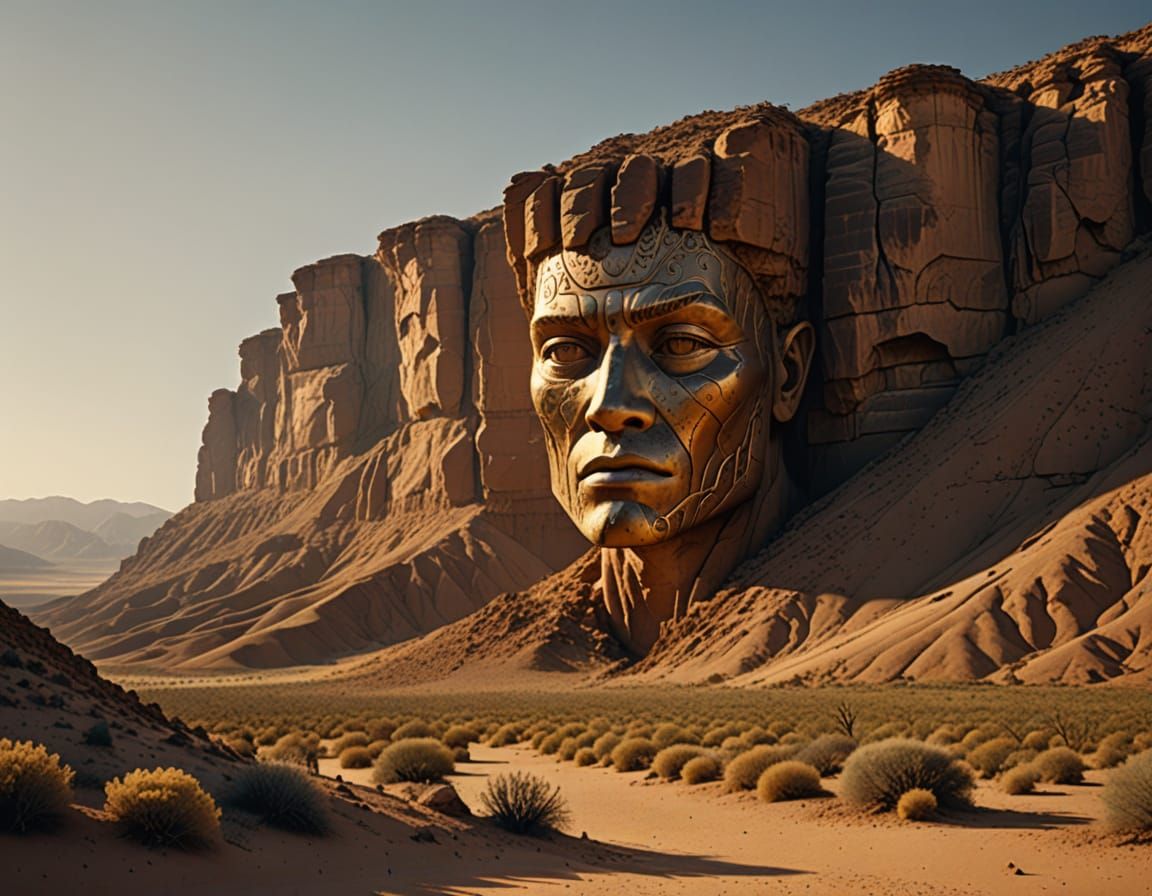 Epic Desert Cliff with Ancient Humanoid Face, Cinematic Film...