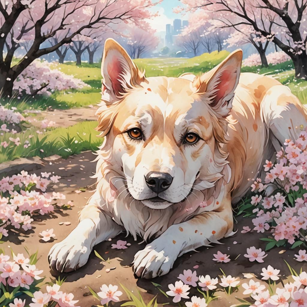 Watercolor Anime Dog in Cherry Blossoms