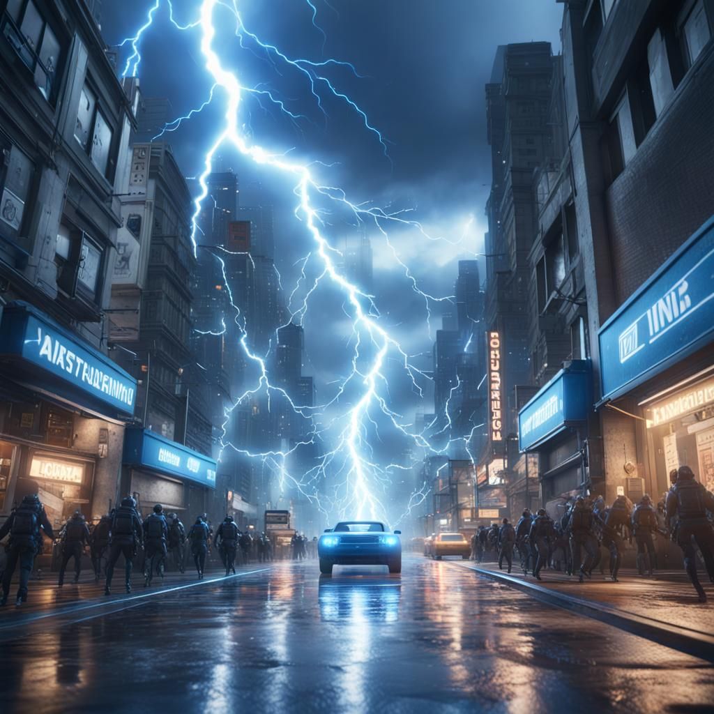 Blue Lightning Strikes Modern City: Cinematic 3D Render
