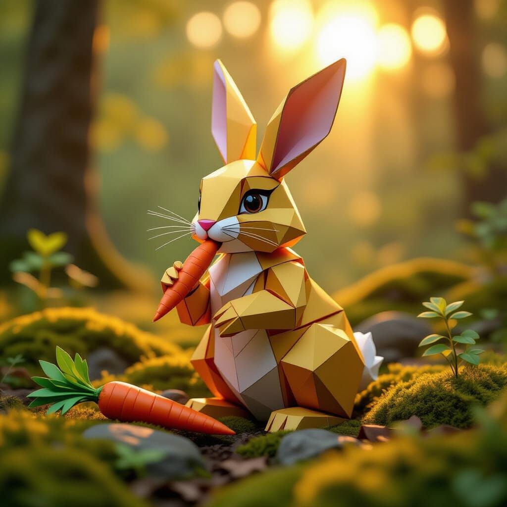 Origami Rabbit in Golden Hour Light on Mossy Rocks