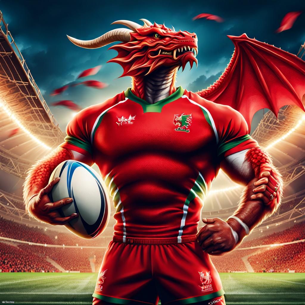 Welsh Dragon Rugby Player Illustration