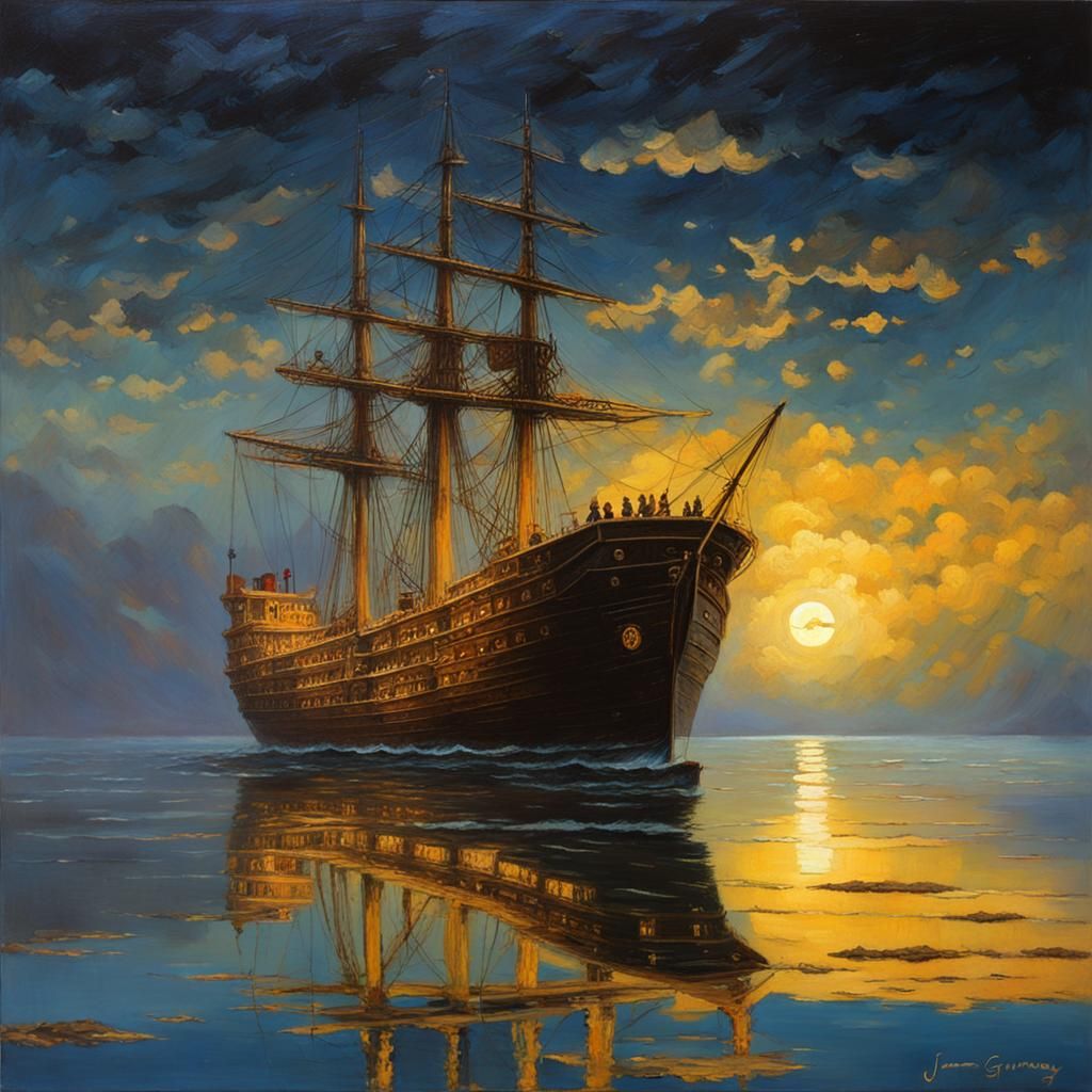 Man's Reflection in Golden Ocean: Oil Painting
