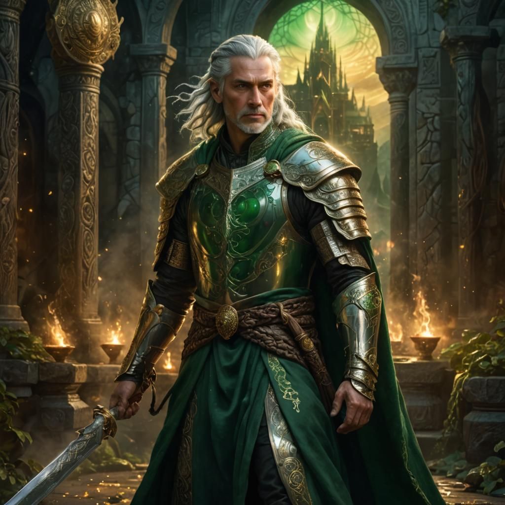 Fantasy Portrait: Man with Silver Hair and Emeralds