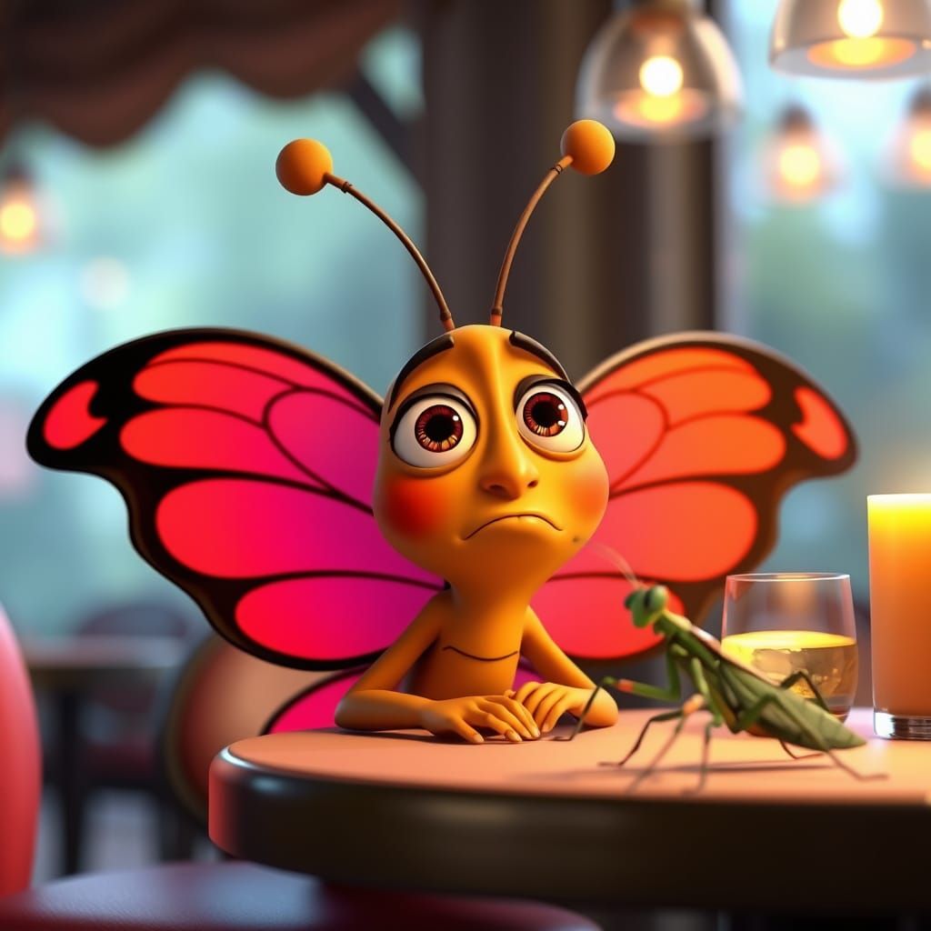 Cartoon Butterfly's Unlikely Date in 3D Digital Art