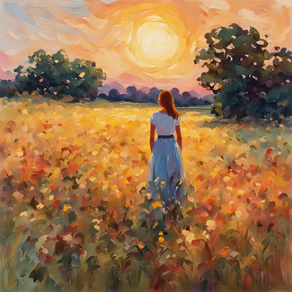 Impressionist Woman in Field with Gouache and Impasto