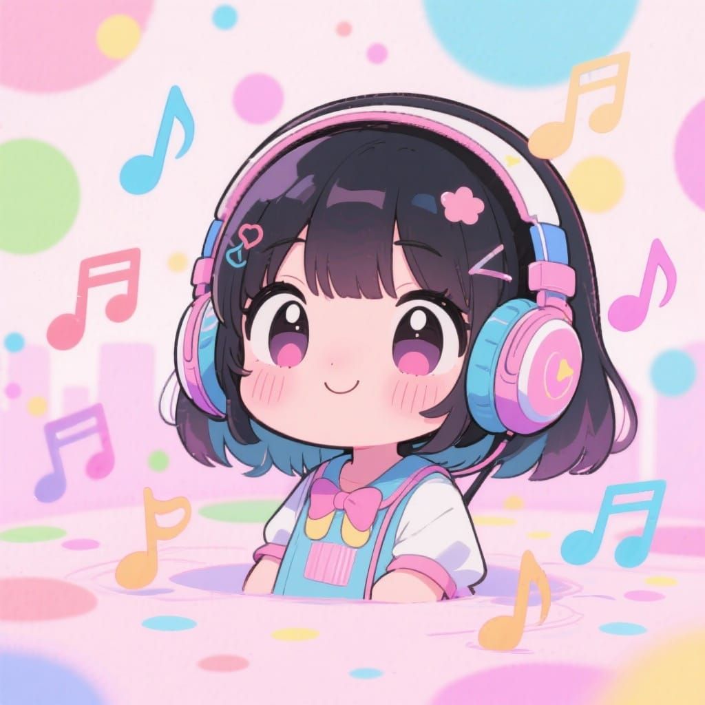 Anime Chibi Girl with Headphones in Pastel Setting