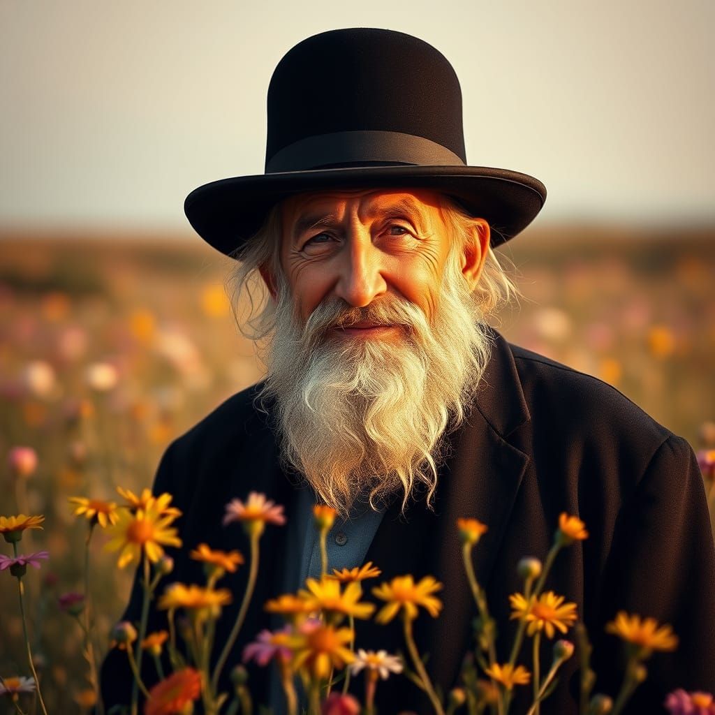 Elderly Hasidic Man in a Field of Wildflowers, Vintage Style