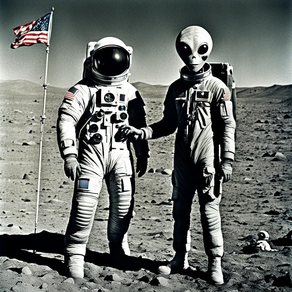 Astronaut and Alien on Moon: Vintage Photography
