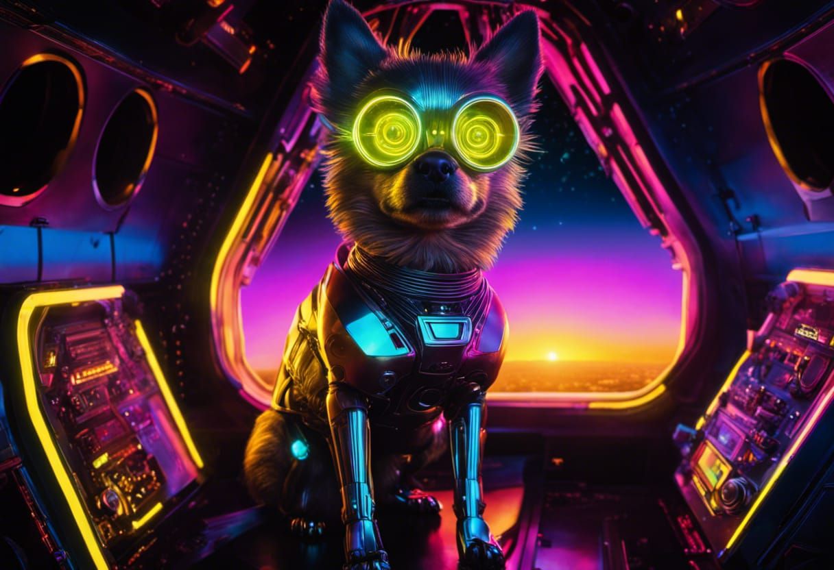 Animatronic Pomeranian Dog in Spaceship, Cyberpunk Style