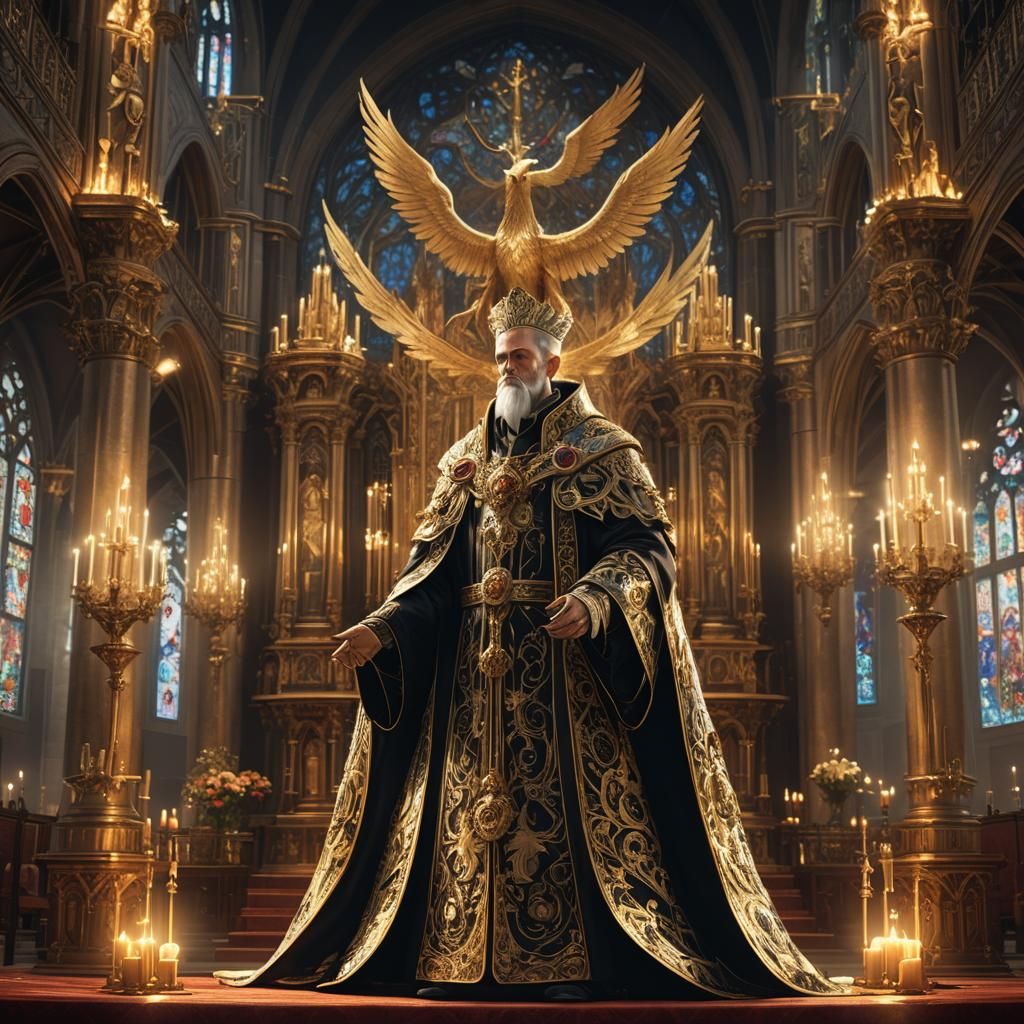 Phoenix Priest in Gothic Church, Anime Style